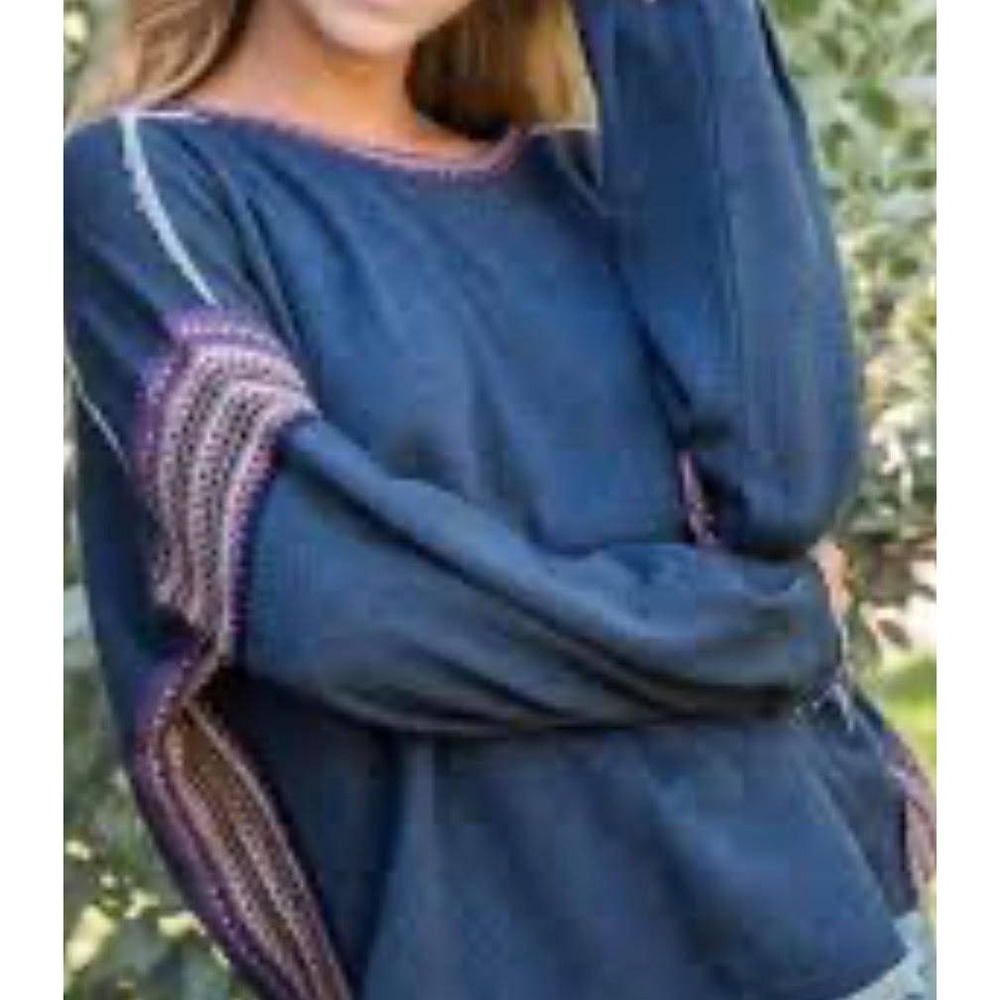 Natural Life Blue Boho Tapestry Trim Sweatshirt Raw Hem S/M